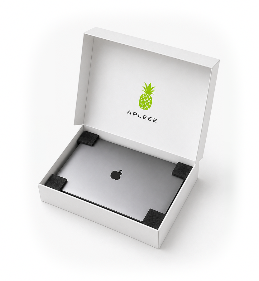 Coffret APLEEE ouvert contenant un MacBook